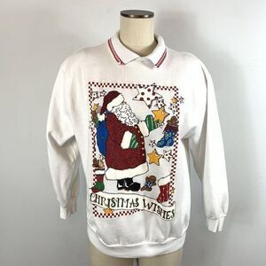Vintage 90s Streetwear Womens Large Santa Christmas Collared Sweatshirt White